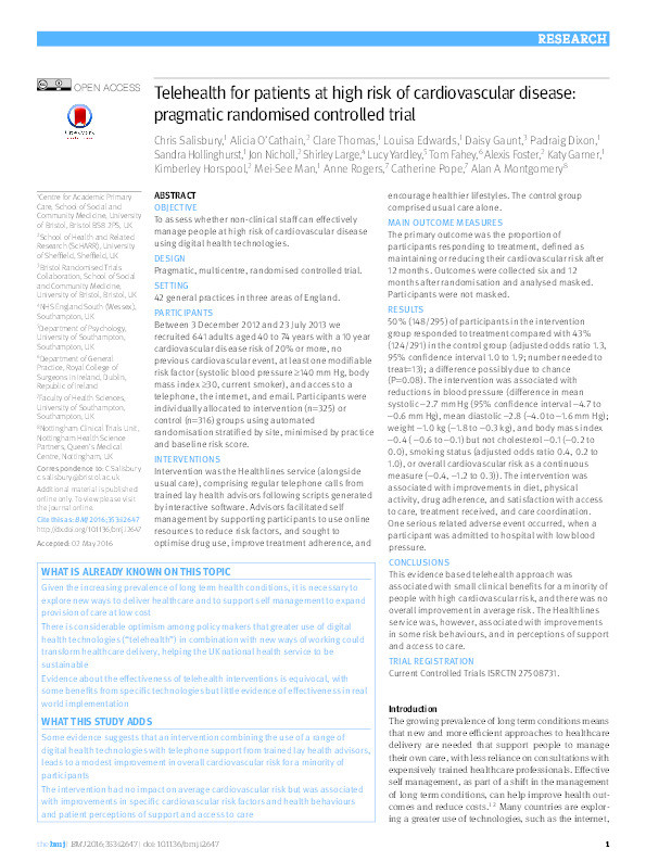 Telehealth for patients at high risk of cardiovascular disease: pragmatic randomised controlled trial Thumbnail