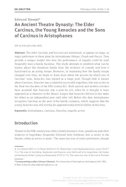 An ancient theatre dynasty: the elder Carcinus, the young Xenocles and the sons of Carcinus in Aristophanes Thumbnail