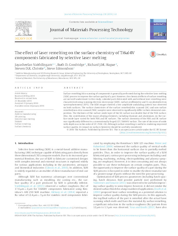 The effect of laser remelting on the surface chemistry of Ti6al4V components fabricated by selective laser melting Thumbnail