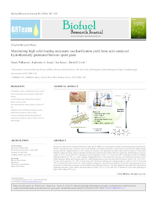 Maximising high solid loading enzymatic saccharification yield from acid-catalysed hydrothermally-pretreated brewers spent grain Thumbnail