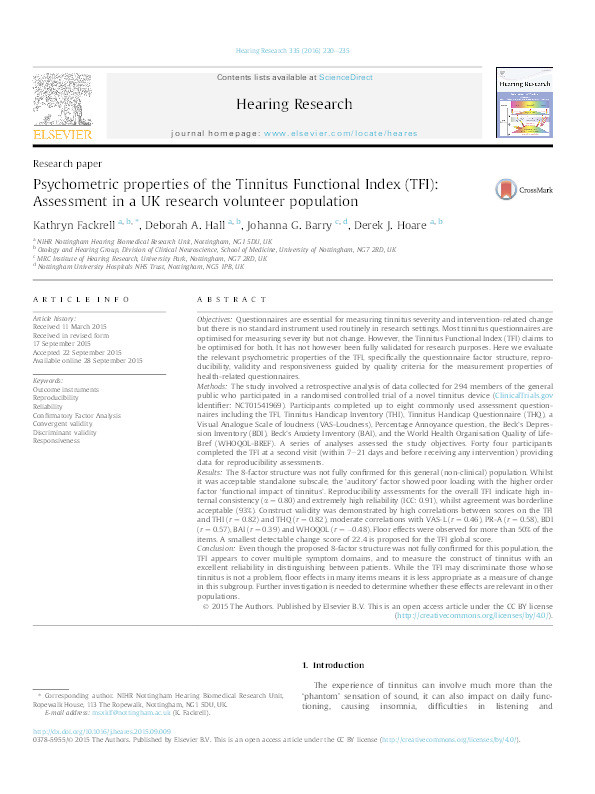 Psychometric properties of the Tinnitus Functional Index (TFI): assessment in a UK research volunteer population Thumbnail