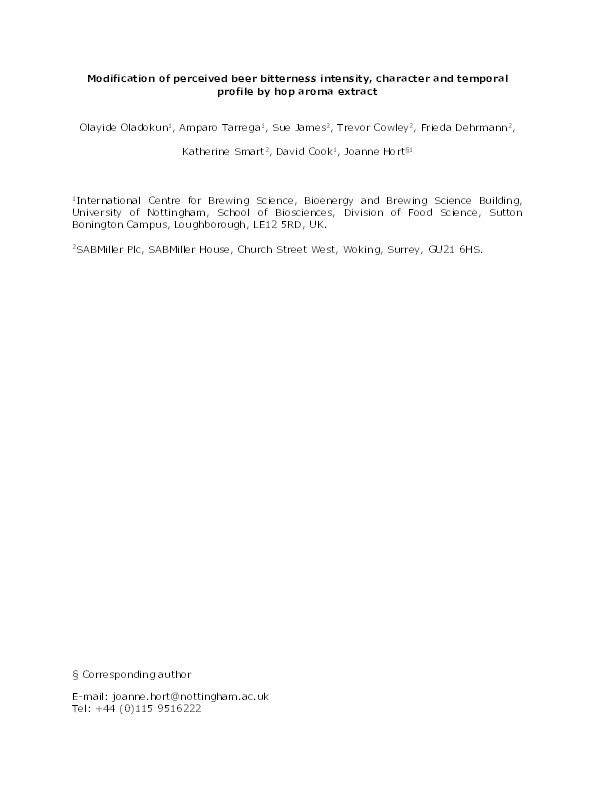 Modification of perceived beer bitterness intensity, character and temporal profile by hop aroma extract Thumbnail