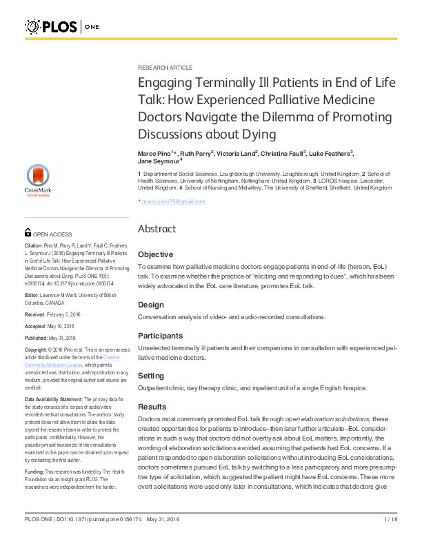 Engaging terminally ill patients in end of life talk: how experienced palliative medicine doctors navigate the dilemma of promoting discussions about dying Thumbnail