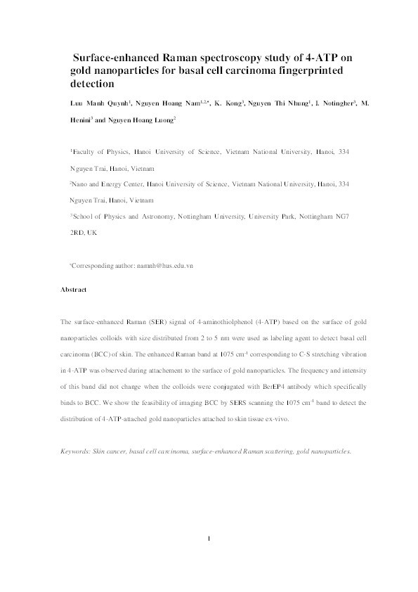 Surface-enhanced Raman spectroscopy study of 4-ATP on gold nanoparticles for basal cell carcinoma fingerprint detection Thumbnail