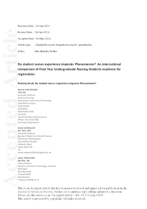 Do student nurses experience Imposter Phenomenon? An international comparison of Final Year Undergraduate Nursing Students readiness for registration Thumbnail