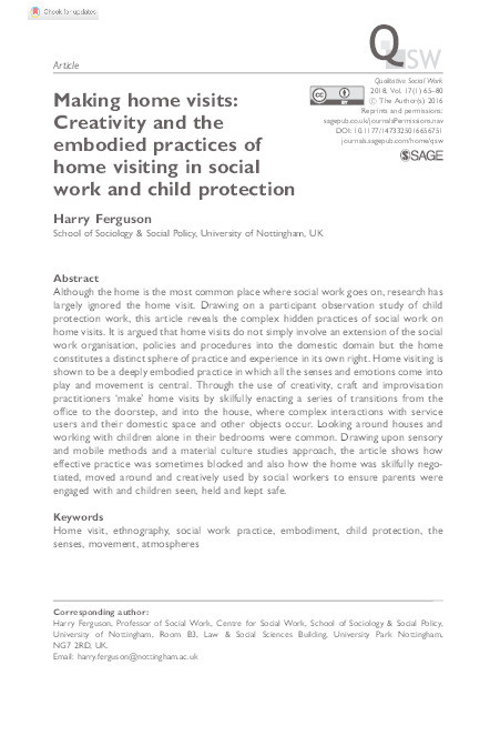 Making home visits: creativity and the embodied practices of home visiting in social work and child protection Thumbnail