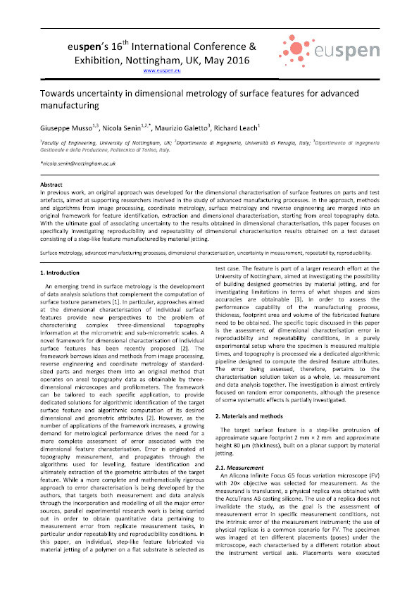 Towards uncertainty in dimensional metrology of surface features for advanced manufacturing Thumbnail