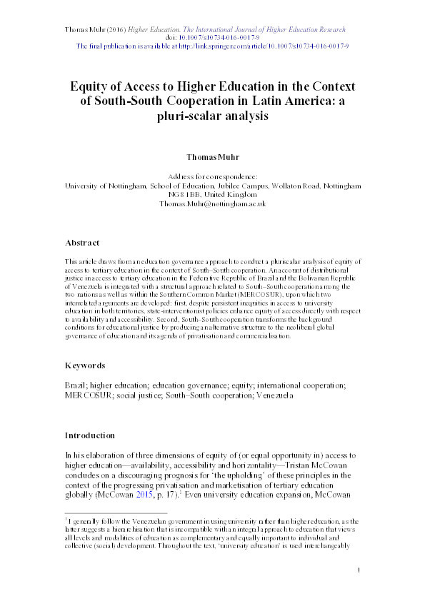 Equity of access to higher education in the context of South–South cooperation in Latin America: a pluri-scalar analysis Thumbnail