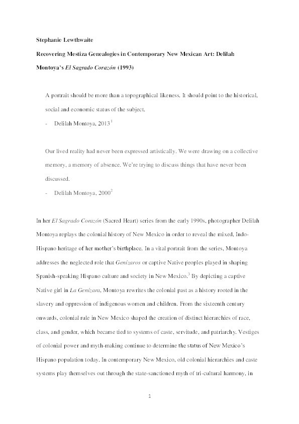 Recovering mestiza genealogies in contemporary New Mexican art: Delilah Montoya’s El sagrado corazón (1993) Thumbnail