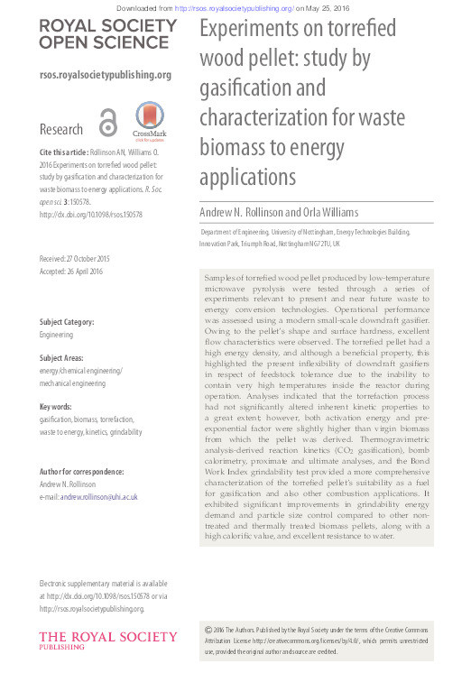 Experiments on torrefied wood pellet: study by gasification and characterization for waste biomass to energy applications Thumbnail
