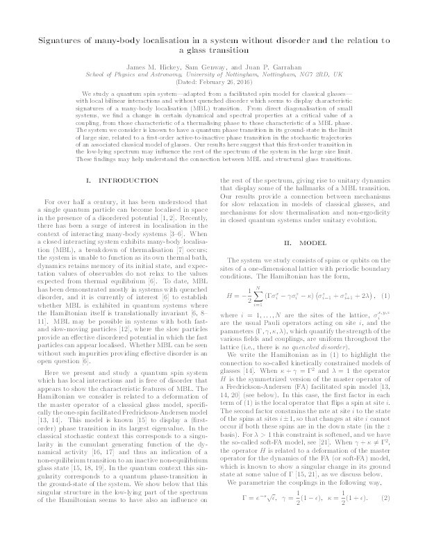 Signatures of many-body localisation in a system without disorder and the relation to a glass transition Thumbnail