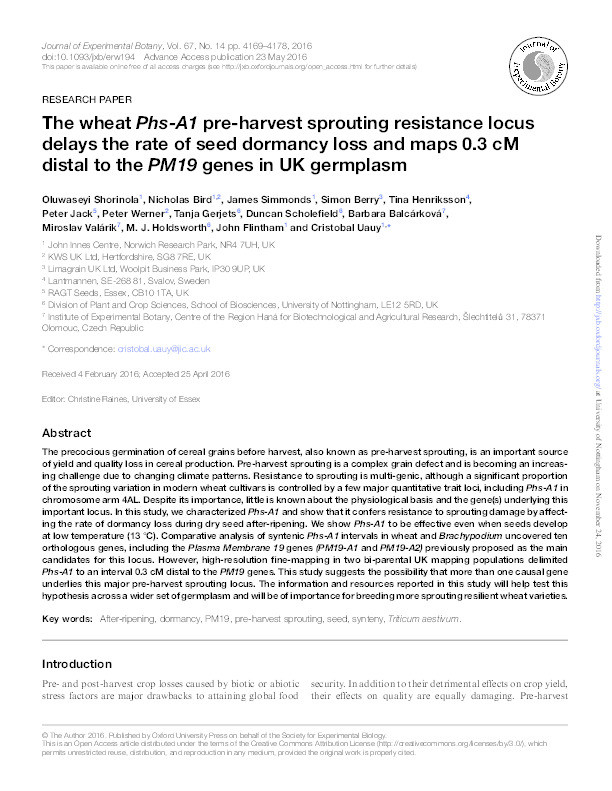 The wheat Phs-A1 pre-harvest sprouting resistance locus delays the rate of seed dormancy loss and maps 0.3 cM distal to the PM19 genes in UK germplasm Thumbnail