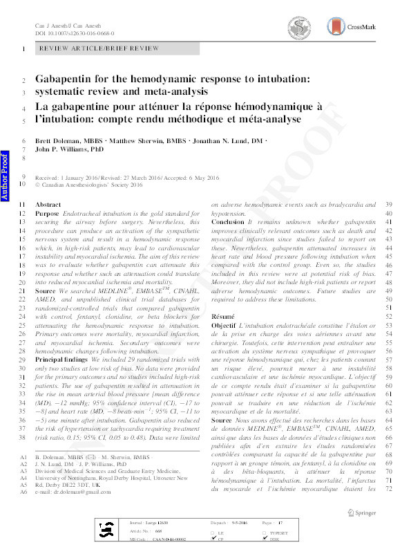 Gabapentin for the hemodynamic response to intubation: systematic review and meta-analysis Thumbnail