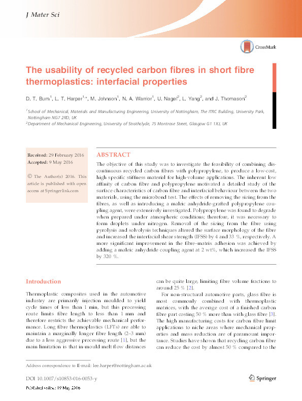 The usability of recycled carbon fibres in short fibre thermoplastics: interfacial properties Thumbnail