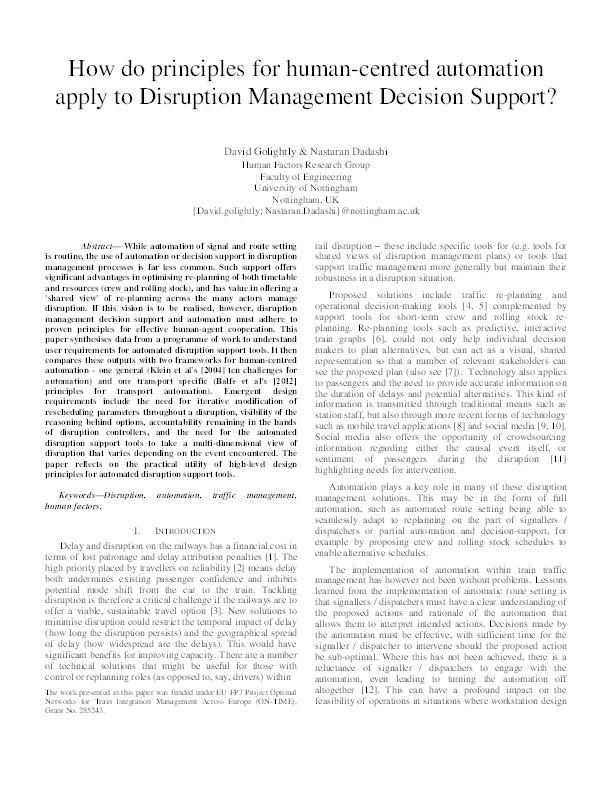 How do principles for human-centred automation apply to Disruption Management Decision Support? Thumbnail