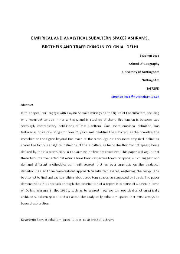 Empirical and analytical subaltern space?: ashrams, brothels and trafficking in colonial Delhi Thumbnail