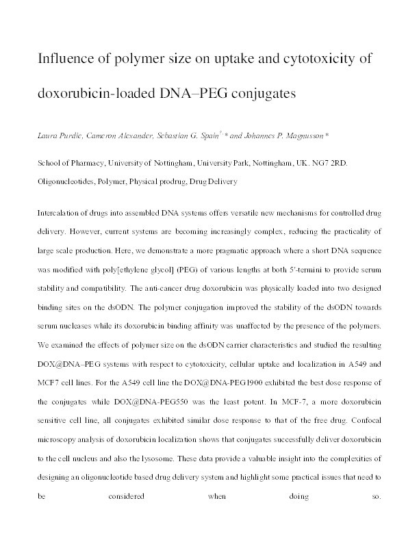 Influence of polymer size on uptake and cytotoxicity of doxorubicin-loaded DNA–PEG conjugates Thumbnail