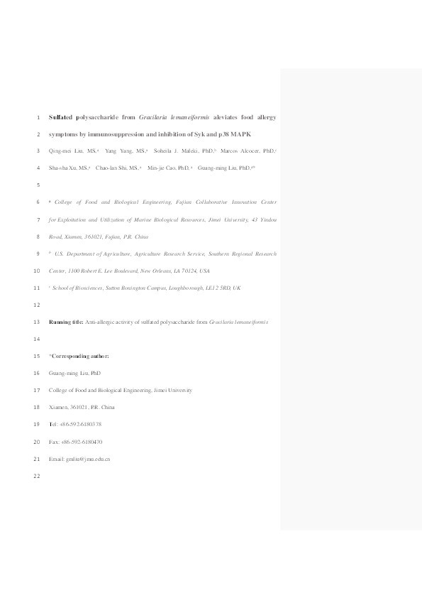 Anti-Food allergic activity of sulfated polysaccharide from Gracilaria lemaneiformisis dependent in immunosuppression and inhibition of p38 MAPK Thumbnail