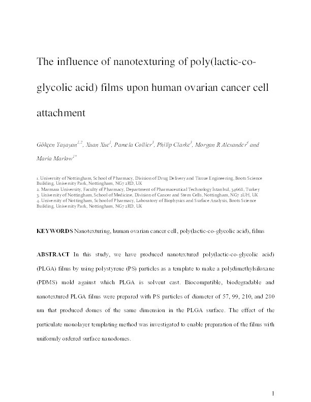 The influence of nanotexturing of poly(lactic-co-glycolic acid) films upon human ovarian cancer cell attachment Thumbnail