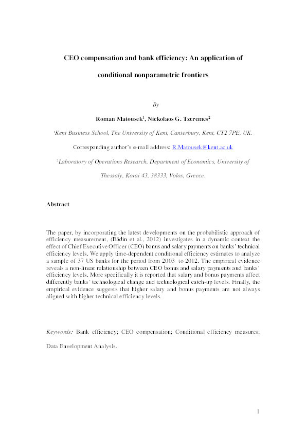 CEO compensation and bank efficiency: an application of conditional nonparametric frontiers Thumbnail