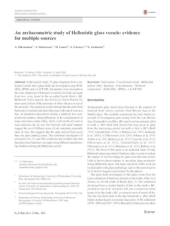 An archaeometric study of Hellenistic glass vessels: evidence for multiple sources Thumbnail