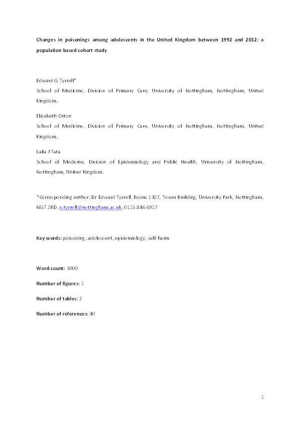 Changes in poisonings among adolescents in the UK between 1992 and 2012: a population based cohort study Thumbnail