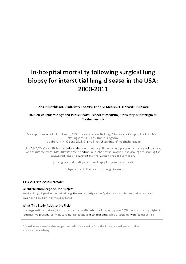 In-hospital mortality following surgical lung biopsy for interstitial lung disease in the USA: 2000-2011 Thumbnail
