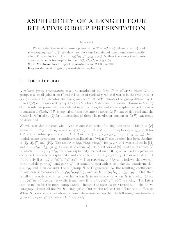 Asphericity of a length four relative presentation Thumbnail