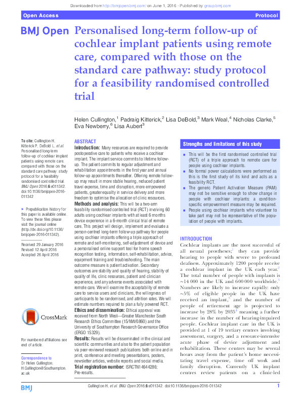 Personalised long-term follow-up of cochlear implant patients using remote care, compared with those on the standard care pathway: study protocol for a feasibility randomised controlled trial Thumbnail