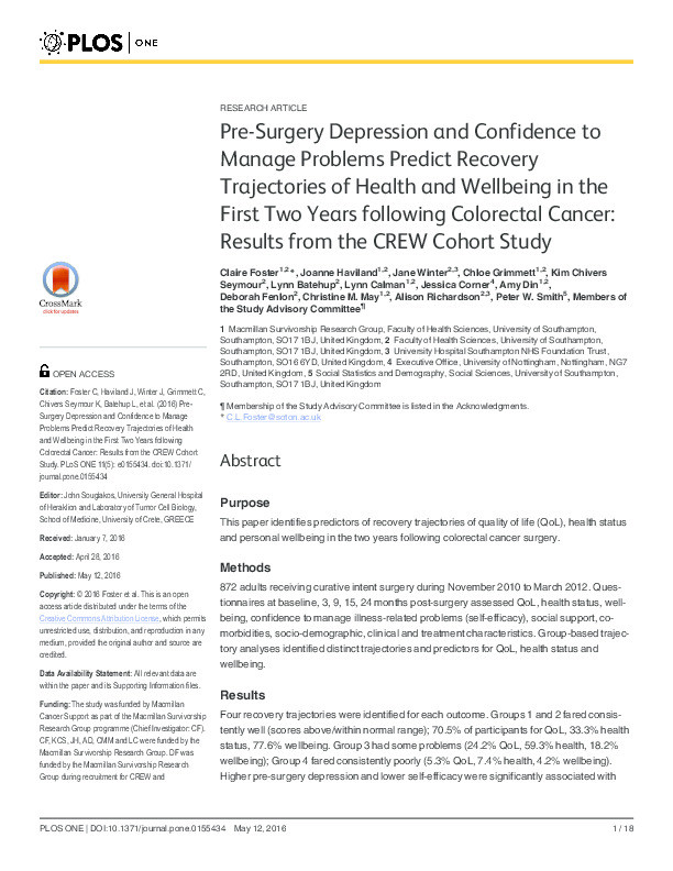 Pre-surgery depression and confidence to manage problems predict recovery trajectories of health and wellbeing in the first two years following colorectal cancer: results from the CREW cohort study Thumbnail