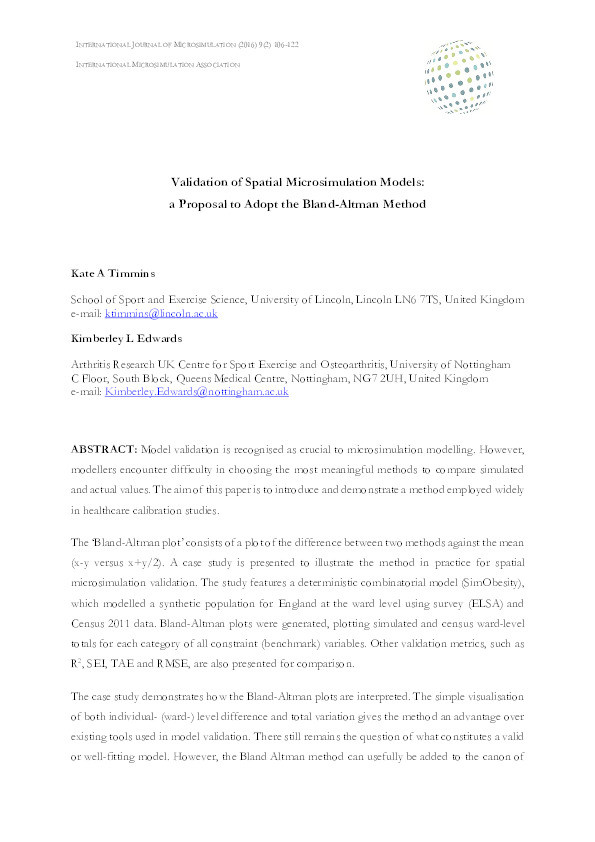 Validation of spatial microsimulation models: a proposal to adopt the Bland-Altman method Thumbnail