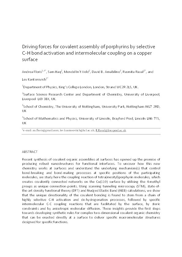 Driving Forces for Covalent Assembly of Porphyrins by Selective C-H Bond Activation and Intermolecular Coupling on a Copper Surface Thumbnail