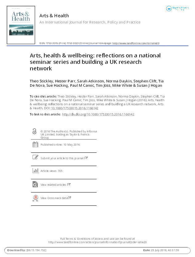 Arts, health & wellbeing: reflections on a national seminar series and building a UK research network Arts and Health Thumbnail