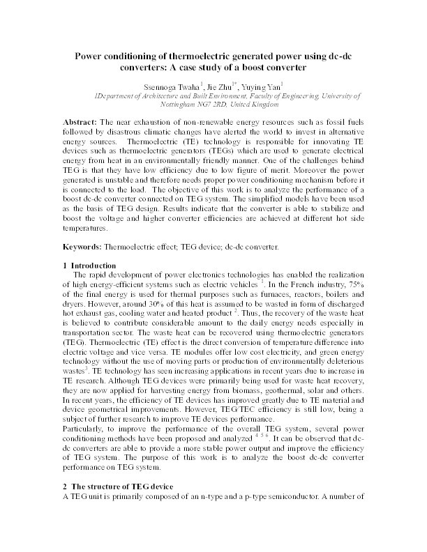 Power conditioning of thermoelectric generated power using dc-dc converters: a case study of a boost converter Thumbnail