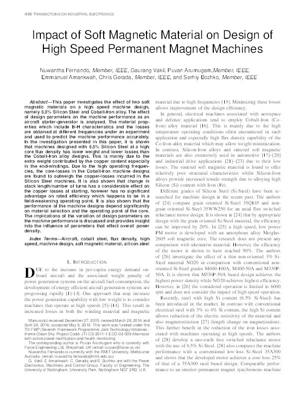 Impact of Soft Magnetic Material on Design of High-Speed Permanent-Magnet Machines Thumbnail