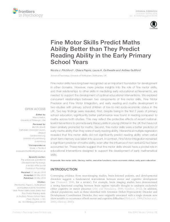 Fine motor skills predict maths ability better than they predict reading ability in the early primary school years Thumbnail