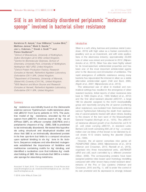 SilE is an intrinsically disordered periplasmic ‘molecular sponge' involved in bacterial silver resistance Thumbnail