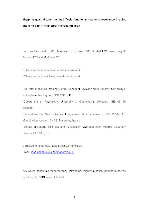 Mapping quantal touch using 7 Tesla functional magnetic resonance imaging and single-unit intraneural microstimulation Thumbnail