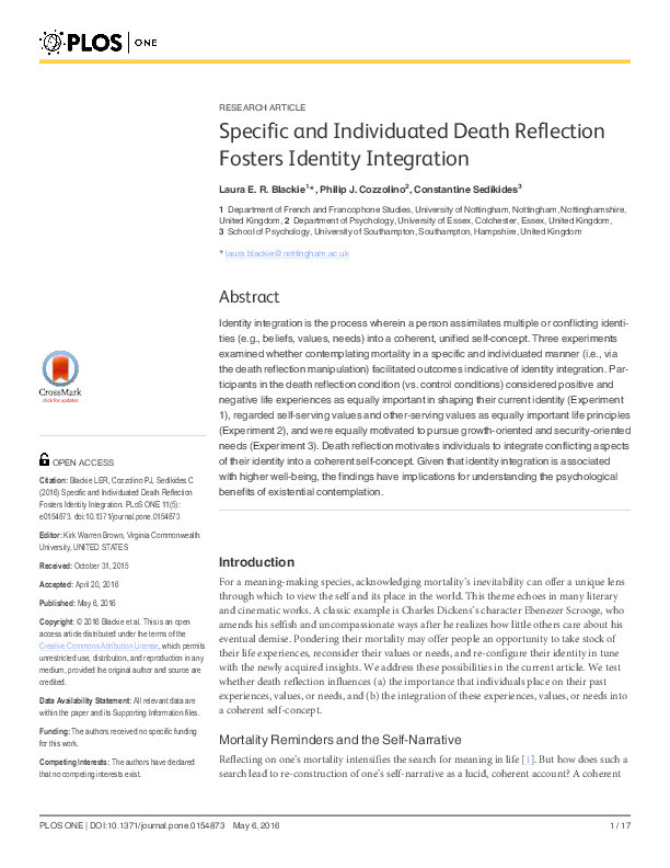 Specific and individuated death reflection fosters identity integration Thumbnail