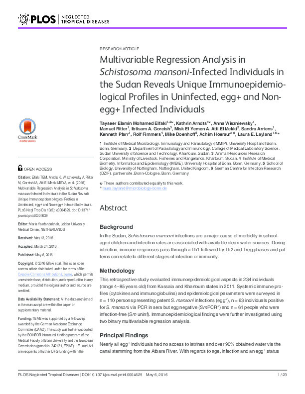 Multivariable regression analysis in Schistosoma mansoni-infected individuals in the Sudan reveals unique immunoepidemiological profiles in uninfected, egg+ and non-egg+ infected individuals Thumbnail