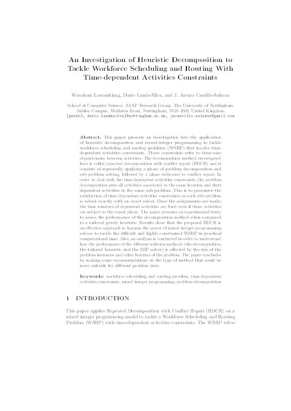 An investigation of heuristic decomposition to tackle workforce scheduling and routing with time-dependent activities constraints Thumbnail