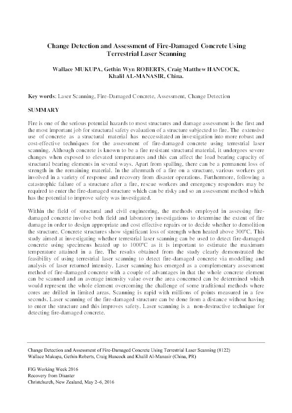 Change detection and assessment of fire-damaged concrete using terrestrial laser scanning Thumbnail