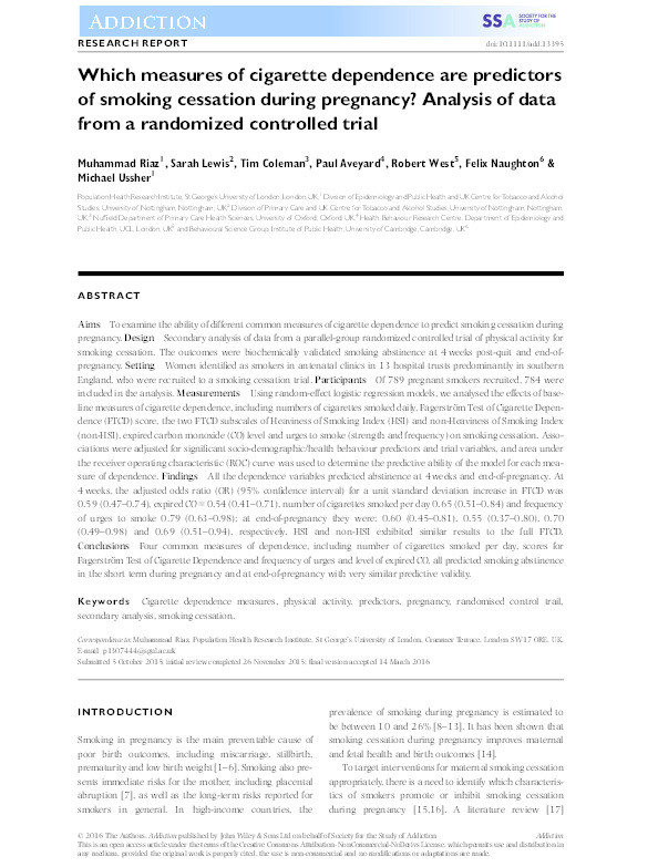 Which measures of cigarette dependence are predictors of smoking cessation during pregnancy? Analysis of data from a randomized controlled trial Thumbnail