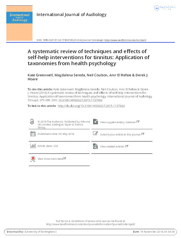 A systematic review of techniques and effects of self-help interventions for tinnitus: Application of taxonomies from health psychology Thumbnail