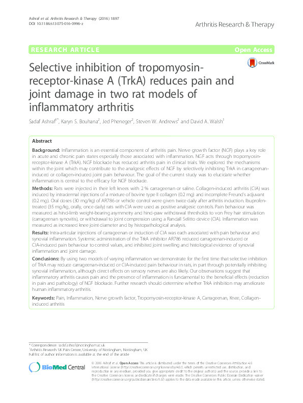 Selective inhibition of tropomyosin-receptor-kinase A (TrkA) reduces pain and joint damage in two rat models of inflammatory arthritis Thumbnail