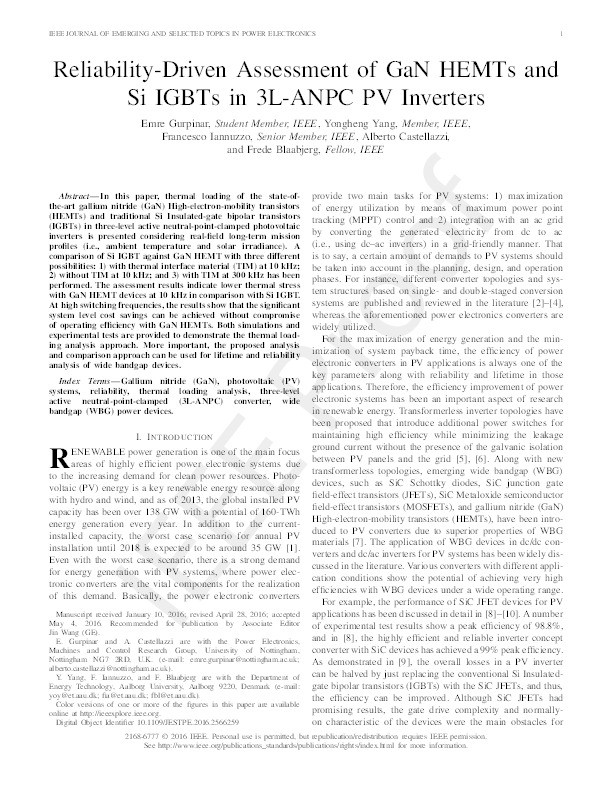 Reliability-driven assessment of GaN HEMTs and Si IGBTs in 3L-ANPC PV inverters Thumbnail