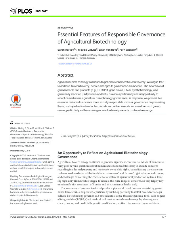 Essential features of responsible governance of agricultural biotechnology Thumbnail
