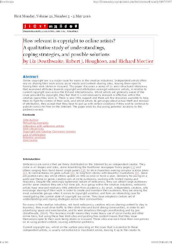 How relevant is copyright to online artists? A qualitative study of understandings, coping strategies, and possible solutions Thumbnail
