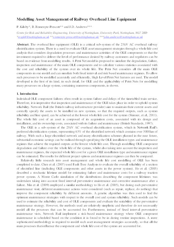 Modelling asset management of railway overhead line equipment Thumbnail