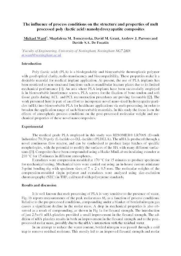 The influence of process conditions on the structure and properties of melt processed poly (lactic acid) nanohydroxyapatite composites Thumbnail